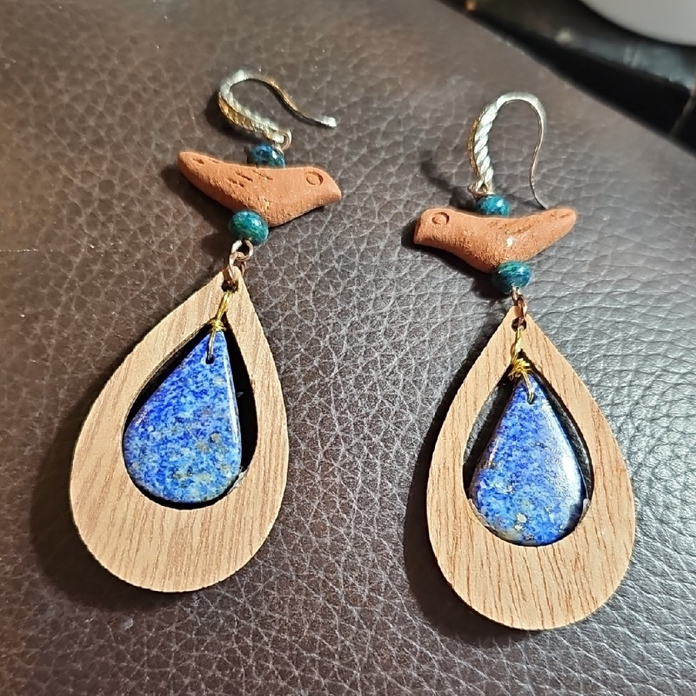 Handcrafted Wooden and Blue Stone Bird Earrings